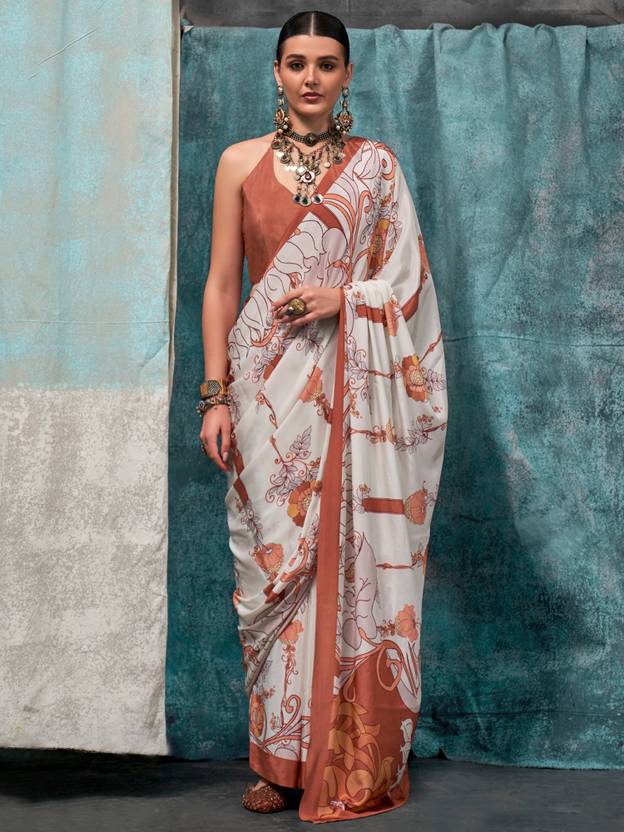 White Printed Chanderi Crepe Saree with Unstitched Blouse ClothsVilla Main image