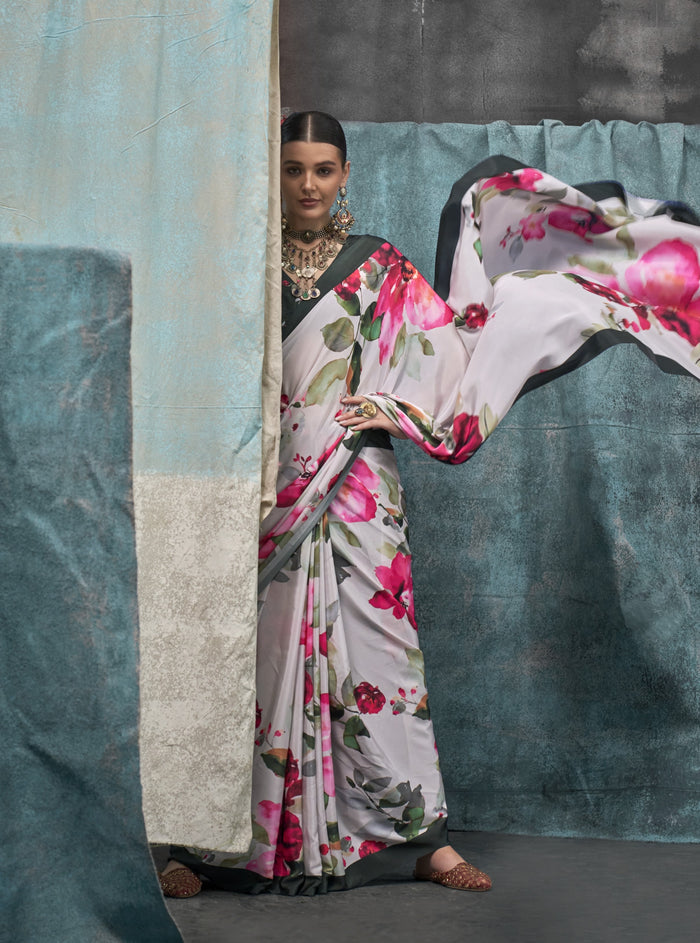White Printed Chanderi Crepe Saree with Unstitched Blouse Secondary image