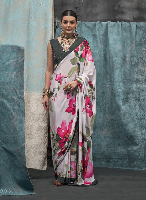 White Printed Chanderi Crepe Saree with Unstitched Blouse ClothsVilla Main image