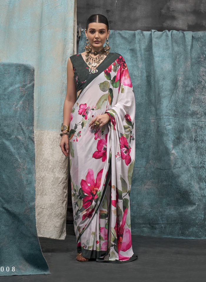 White Printed Chanderi Crepe Saree with Unstitched Blouse ClothsVilla