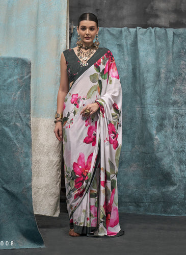 White Printed Chanderi Crepe Saree with Unstitched Blouse ClothsVilla