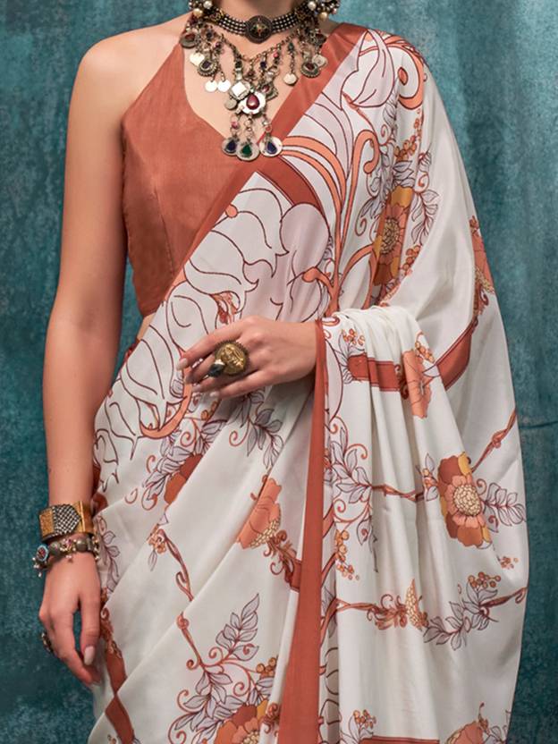 White Printed Chanderi Crepe Saree with Unstitched Blouse ClothsVilla