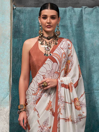 White Printed Chanderi Crepe Saree with Unstitched Blouse ClothsVilla