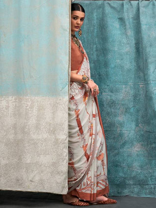 White Printed Chanderi Crepe Saree with Unstitched Blouse ClothsVilla