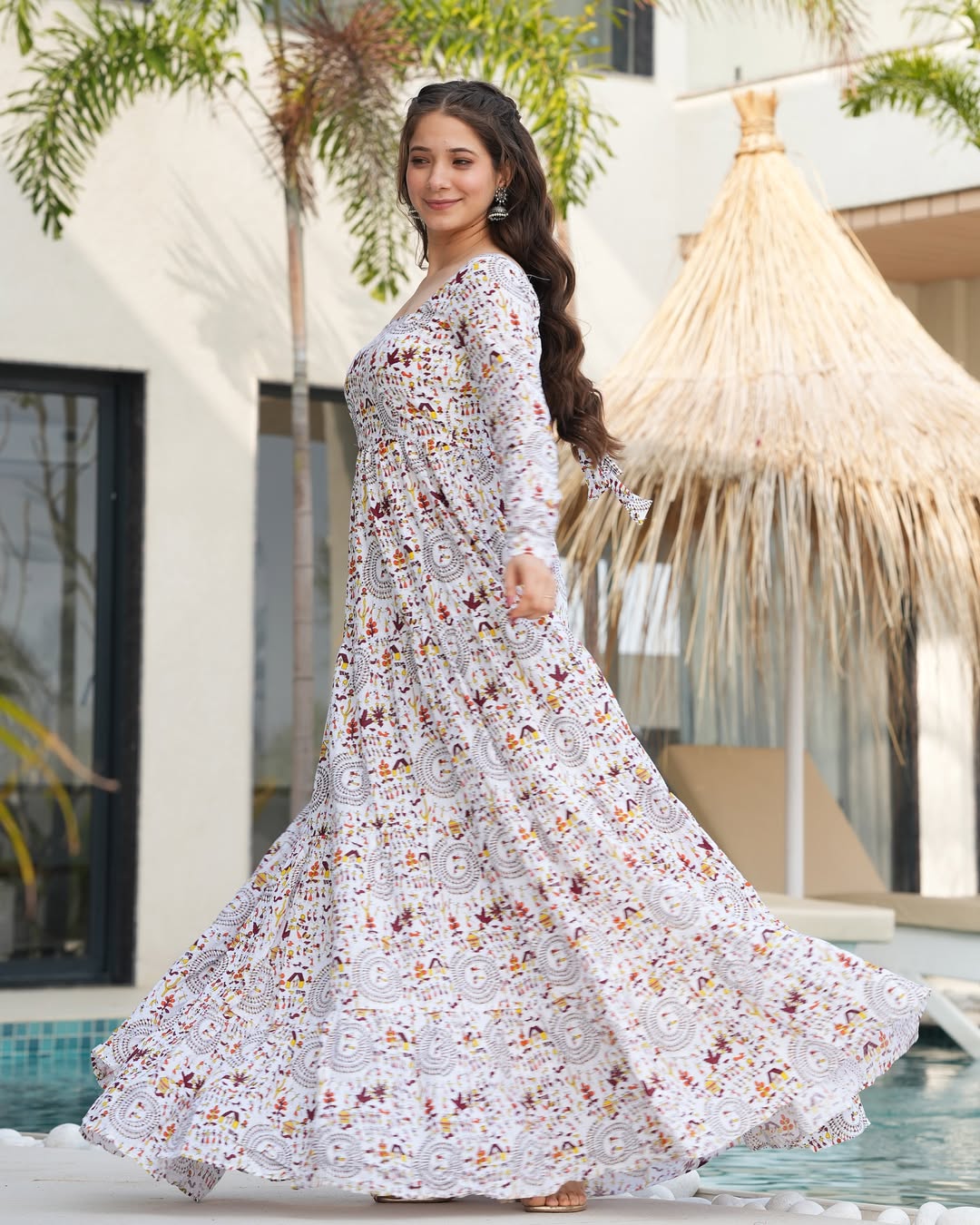 White Printed Cotton Flared Gown ClothsVilla