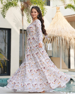 White Printed Cotton Flared Gown ClothsVilla