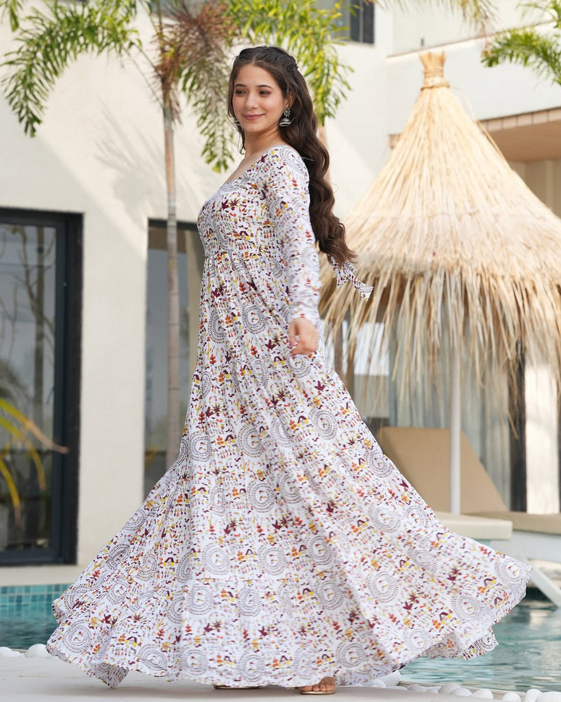 White Printed Cotton Flared Gown ClothsVilla