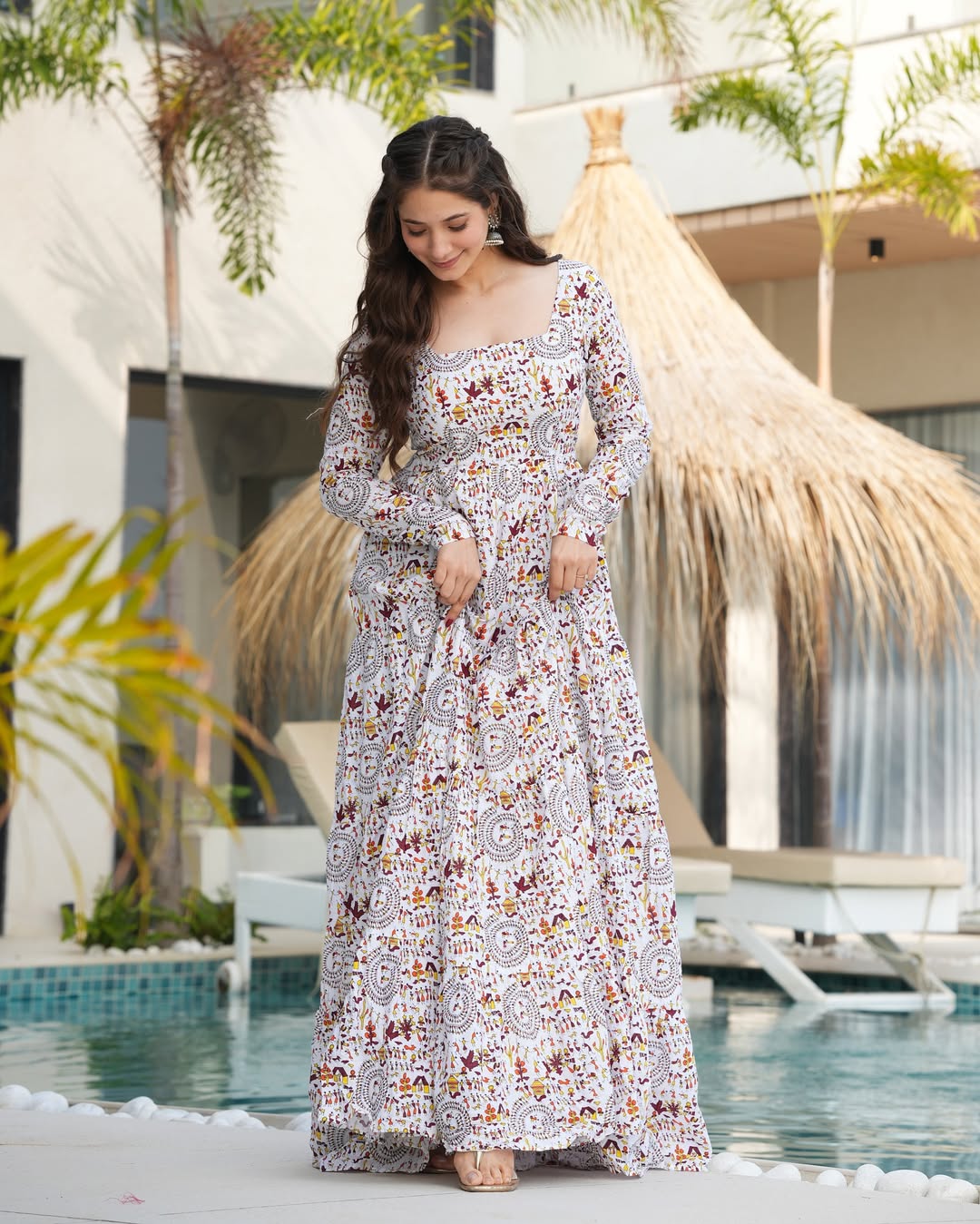 White Printed Cotton Flared Gown ClothsVilla