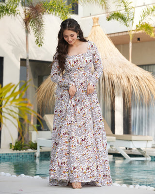 White Printed Cotton Flared Gown ClothsVilla