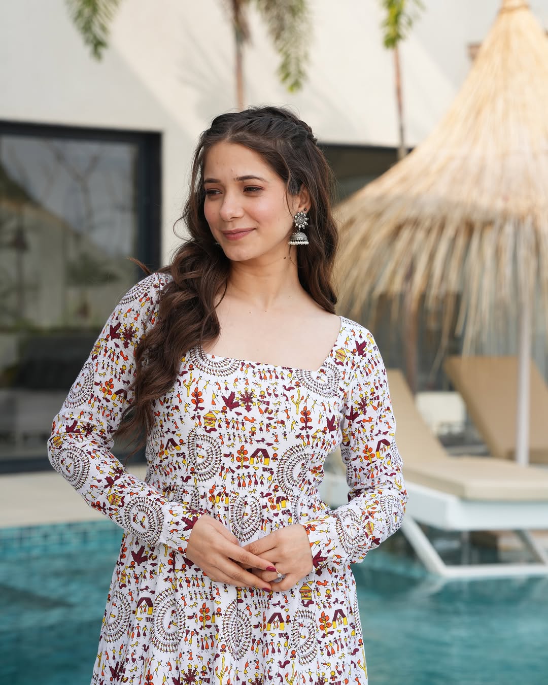 White Printed Cotton Flared Gown ClothsVilla