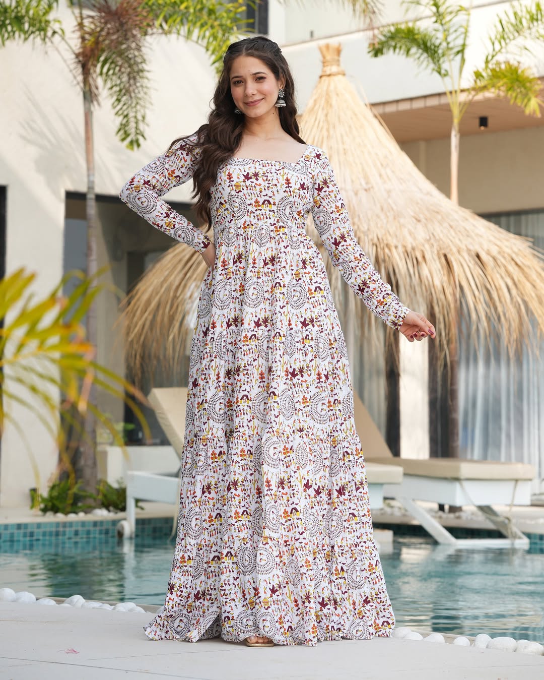 White Printed Cotton Flared Gown ClothsVilla