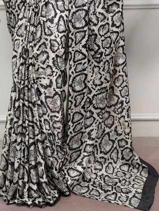 White Printed Satin Silk Saree ClothsVilla