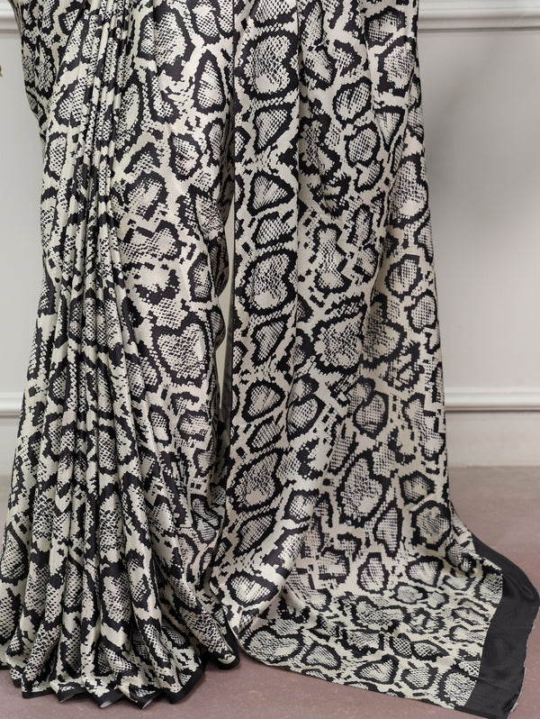White Printed Satin Silk Saree ClothsVilla