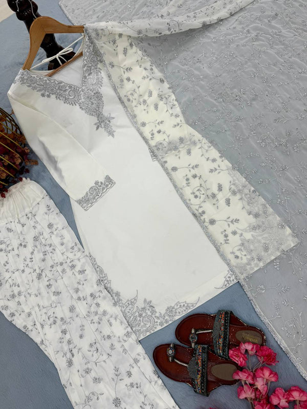 White Pure Crepe Embroidered Farshi Suit ClothsVilla