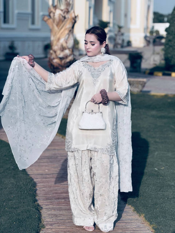 White Pure Crepe Embroidered Farshi Suit ClothsVilla