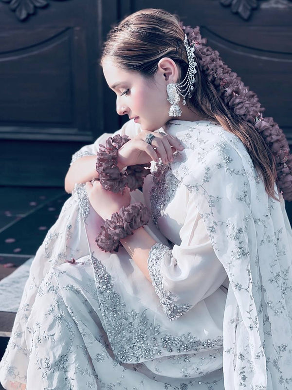 White Pure Crepe Embroidered Farshi Suit ClothsVilla