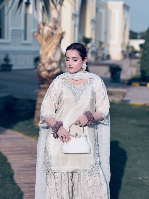 White Pure Crepe Embroidered Farshi Suit ClothsVilla