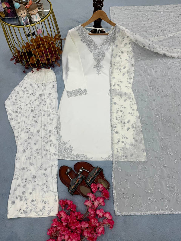 White Pure Crepe Embroidered Farshi Suit ClothsVilla