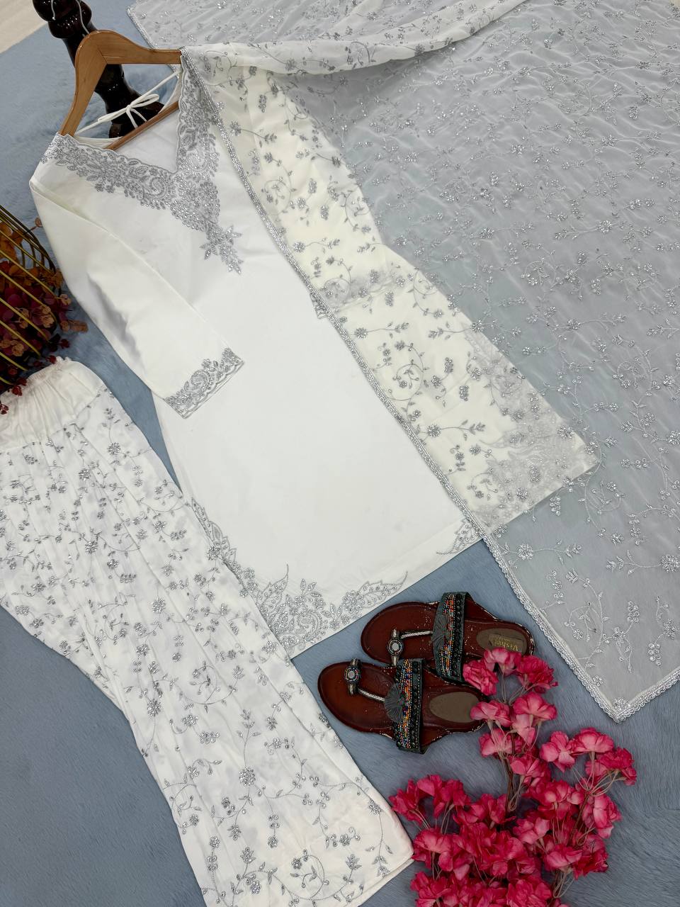 White Pure Crepe Embroidered Farshi Suit ClothsVilla