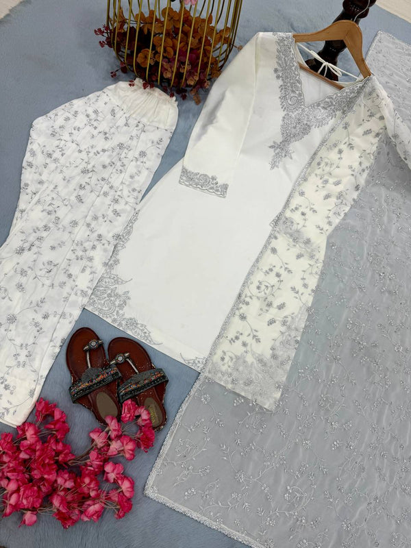 White Pure Crepe Embroidered Farshi Suit ClothsVilla