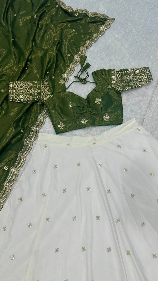 White Pure Crepe Silk Lehenga with Sequins & Zari Work and Shimmer Silk Green Dupatta ClothsVilla