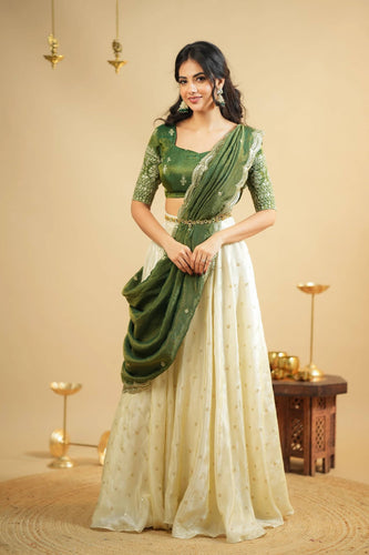 White Pure Crepe Silk Lehenga with Sequins & Zari Work and Shimmer Silk Green Dupatta ClothsVilla