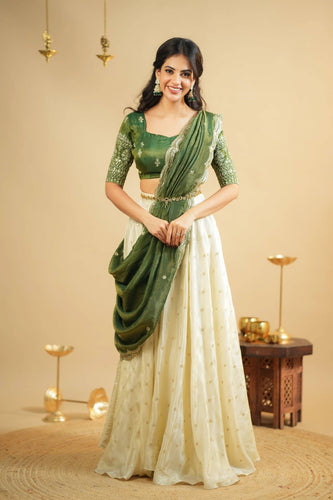 White Pure Crepe Silk Lehenga with Sequins & Zari Work and Shimmer Silk Green Dupatta ClothsVilla