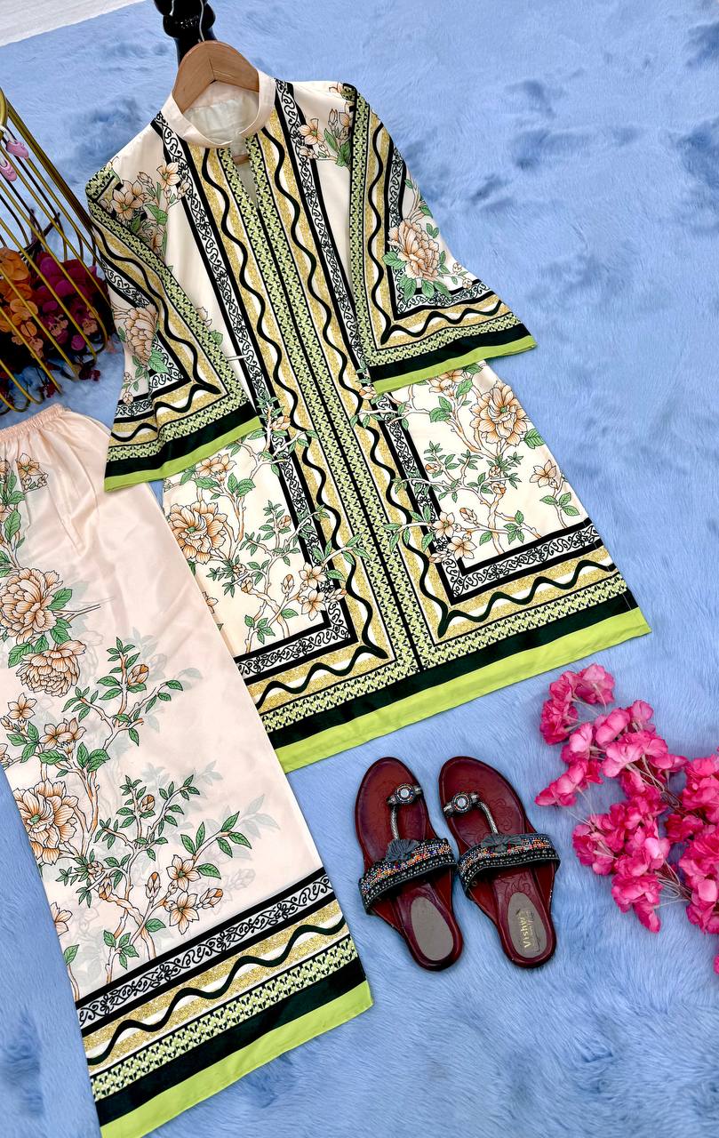 White Pure Natural Crepe Digital Print Co-Ord Set Fully Stitched Top & Plazzo ClothsVilla