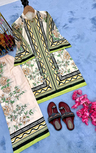 White Pure Natural Crepe Digital Print Co-Ord Set Fully Stitched Top & Plazzo ClothsVilla