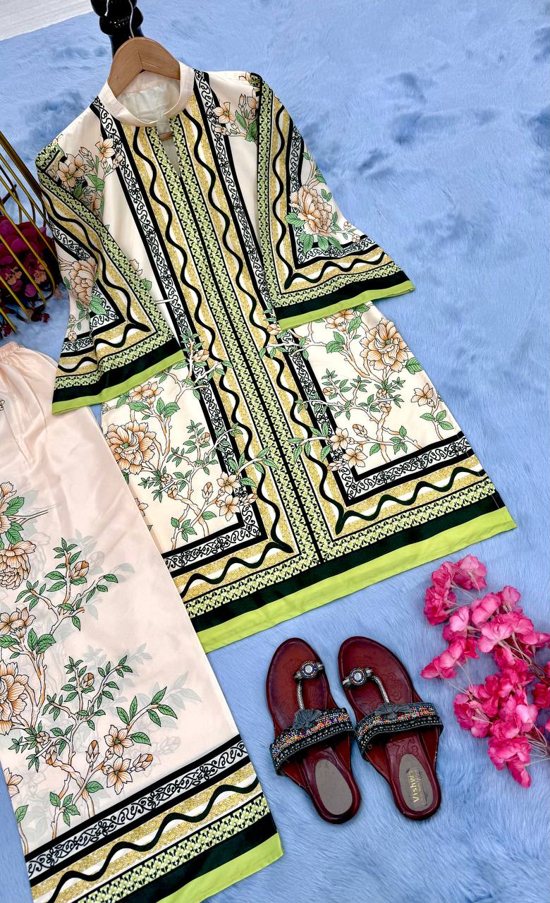 White Pure Natural Crepe Digital Print Co-Ord Set Fully Stitched Top & Plazzo ClothsVilla