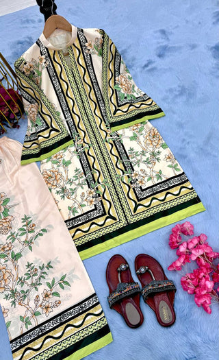 White Pure Natural Crepe Digital Print Co-Ord Set Fully Stitched Top & Plazzo ClothsVilla