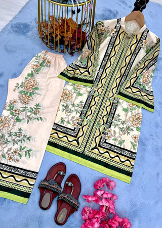 White Pure Natural Crepe Digital Print Co-Ord Set Fully Stitched Top & Plazzo ClothsVilla
