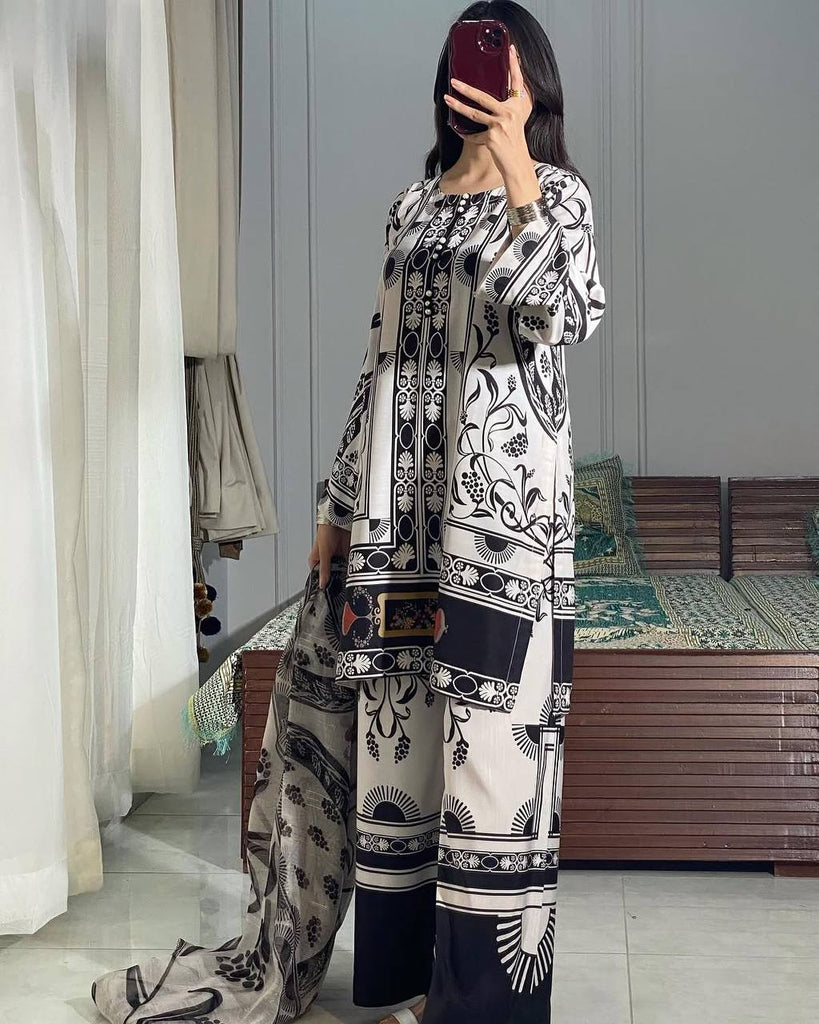 White Pure Natural Crepe Digital Printed Kurti Plazzo Set with Chiffon Georgette Dupatta – Fully Stitched ClothsVilla