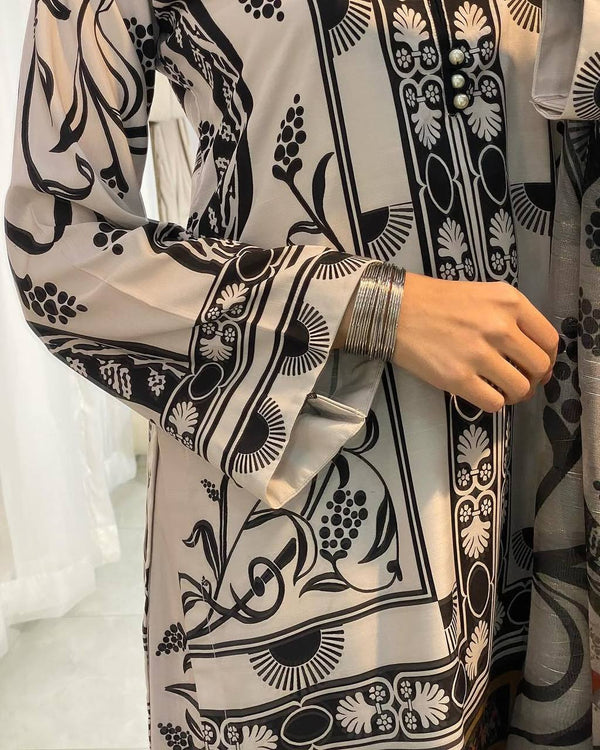 White Pure Natural Crepe Digital Printed Kurti Plazzo Set with Chiffon Georgette Dupatta – Fully Stitched ClothsVilla