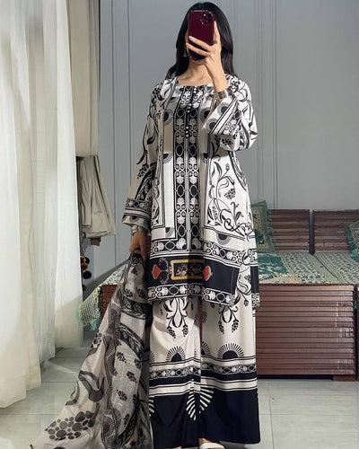 White Pure Natural Crepe Digital Printed Kurti Plazzo Set with Chiffon Georgette Dupatta – Fully Stitched ClothsVilla