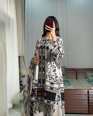 White Pure Natural Crepe Digital Printed Kurti Plazzo Set with Chiffon Georgette Dupatta – Fully Stitched ClothsVilla