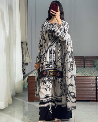 White Pure Natural Crepe Digital Printed Kurti Plazzo Set with Chiffon Georgette Dupatta – Fully Stitched ClothsVilla