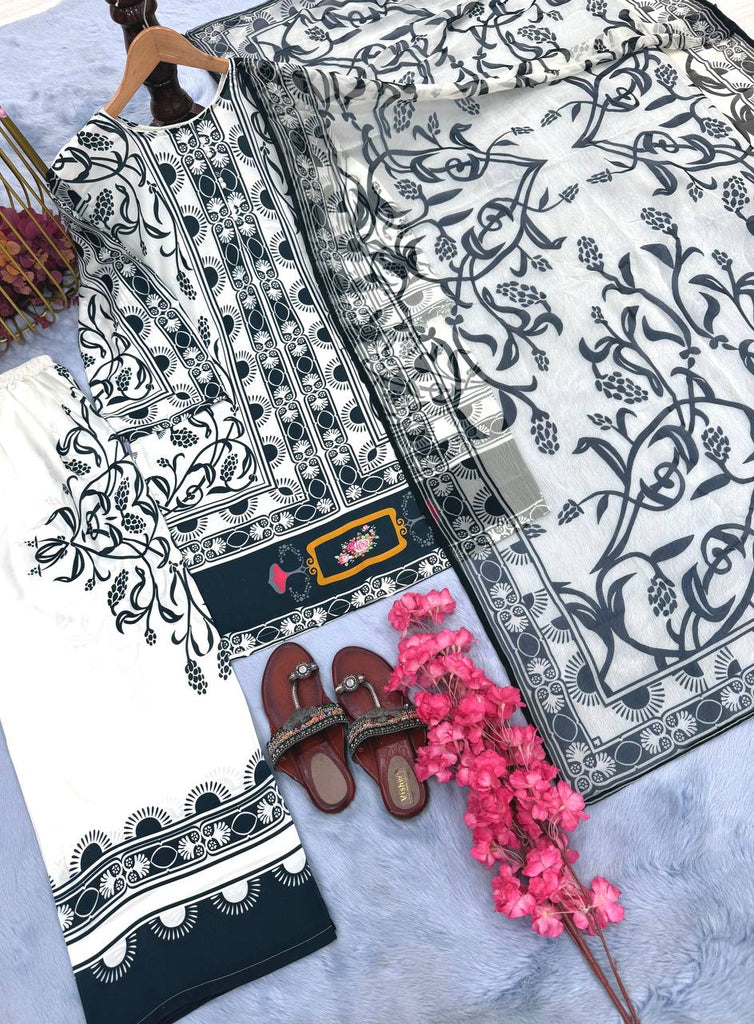 White Pure Natural Crepe Digital Printed Kurti Plazzo Set with Chiffon Georgette Dupatta – Fully Stitched ClothsVilla