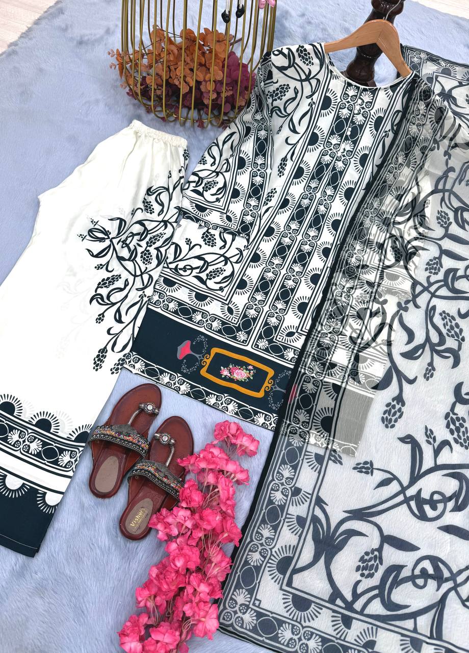 White Pure Natural Crepe Digital Printed Kurti Plazzo Set with Chiffon Georgette Dupatta – Fully Stitched ClothsVilla