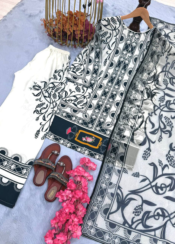 White Pure Natural Crepe Digital Printed Kurti Plazzo Set with Chiffon Georgette Dupatta – Fully Stitched ClothsVilla