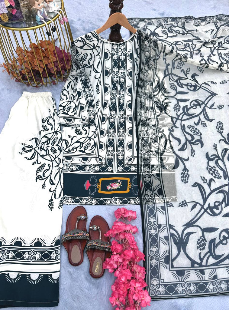 White Pure Natural Crepe Digital Printed Kurti Plazzo Set with Chiffon Georgette Dupatta – Fully Stitched ClothsVilla