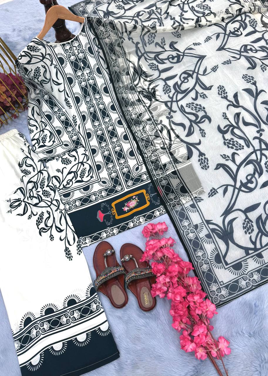 White Pure Natural Crepe Digital Printed Kurti Plazzo Set with Chiffon Georgette Dupatta – Fully Stitched ClothsVilla