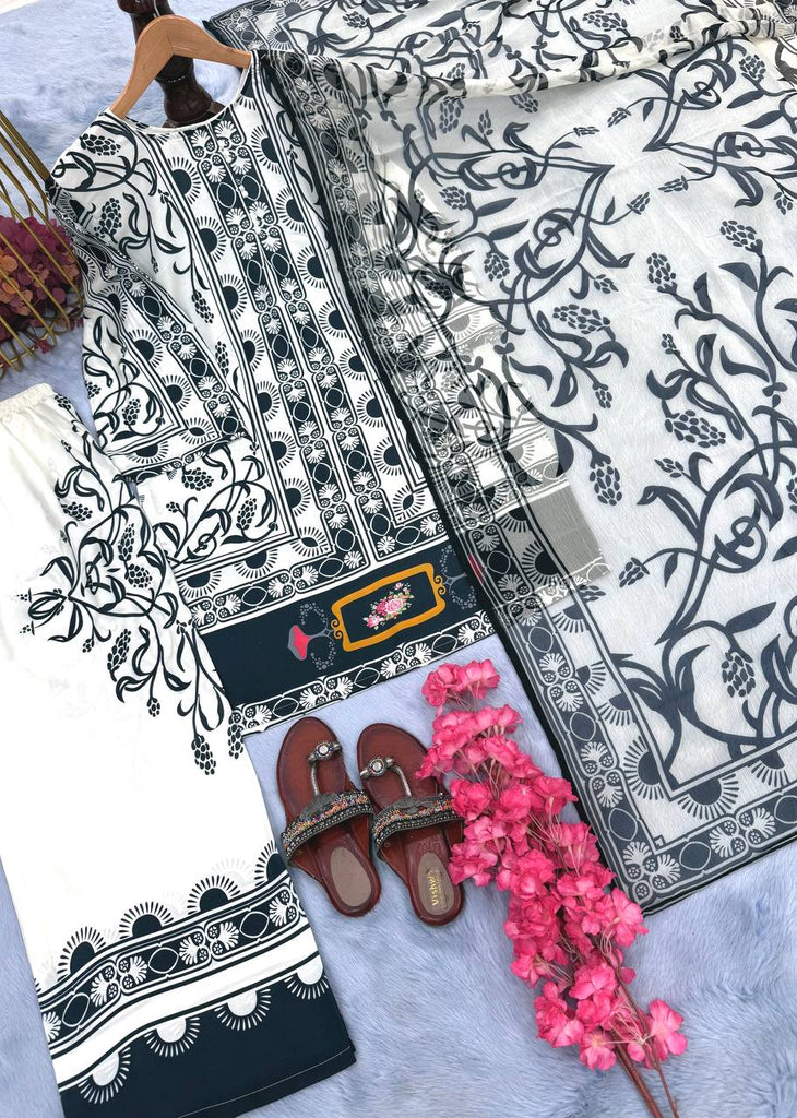 White Pure Natural Crepe Digital Printed Kurti Plazzo Set with Chiffon Georgette Dupatta – Fully Stitched ClothsVilla