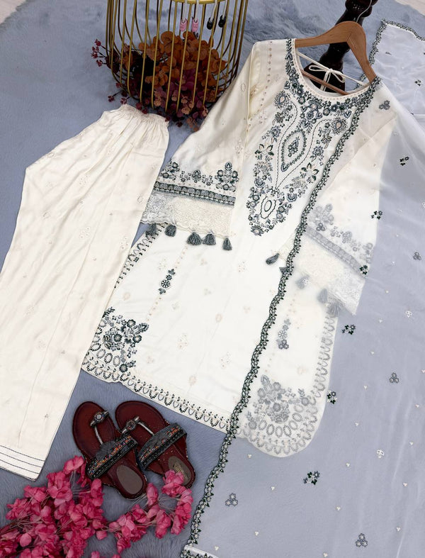 White Pure Satin Rayon Farchi Suit Set ClothsVilla