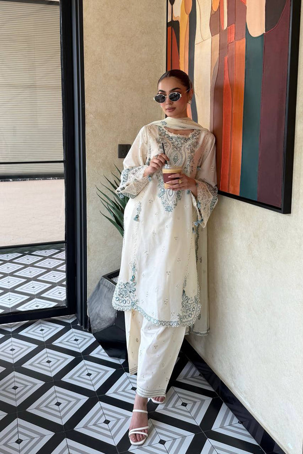 White Pure Satin Rayon Farchi Suit Set ClothsVilla