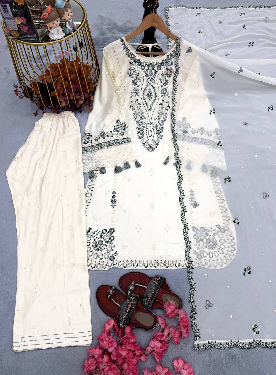 White Pure Satin Rayon Farchi Suit Set ClothsVilla