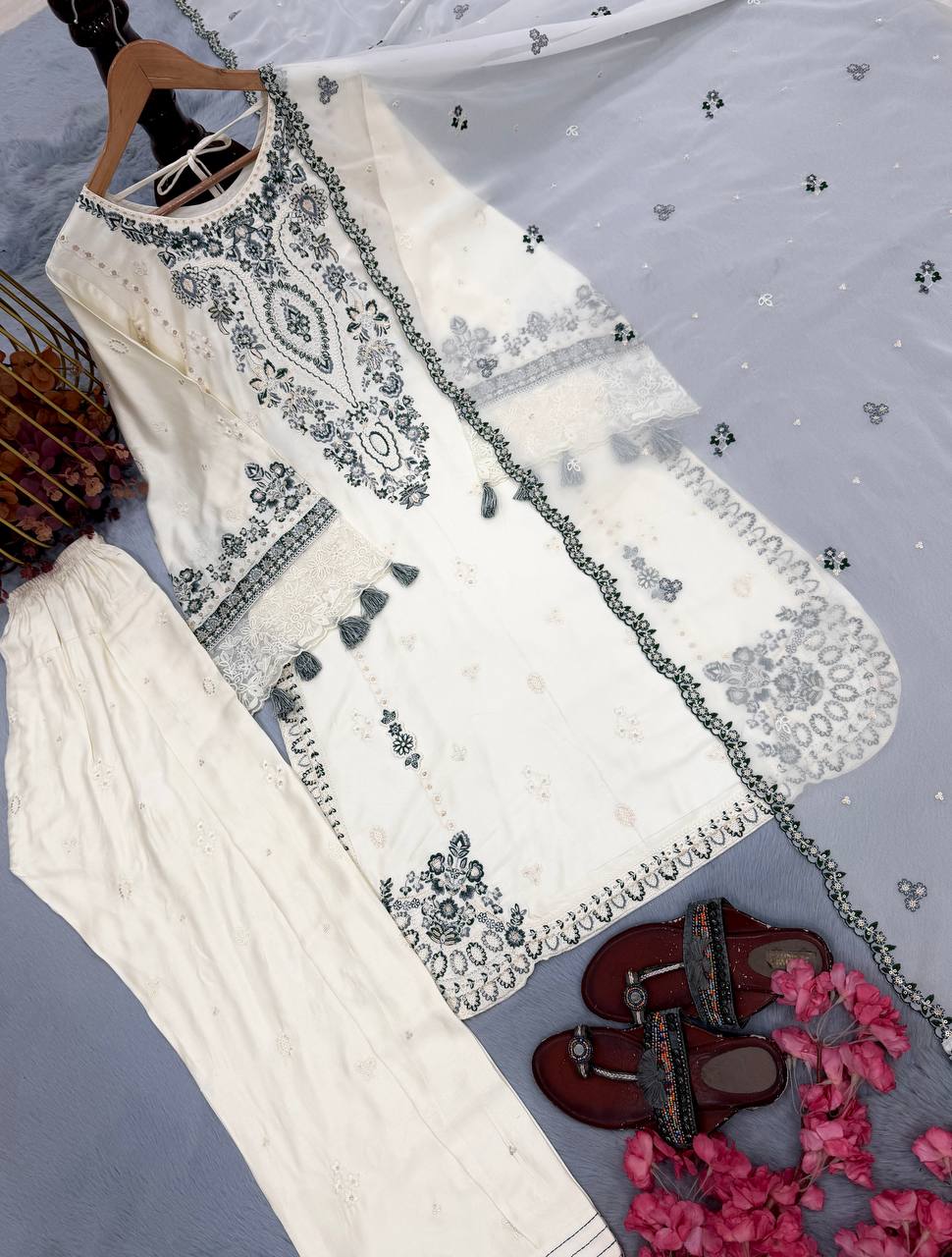 White Pure Satin Rayon Farchi Suit Set ClothsVilla