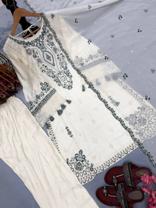 White Pure Satin Rayon Farchi Suit Set ClothsVilla