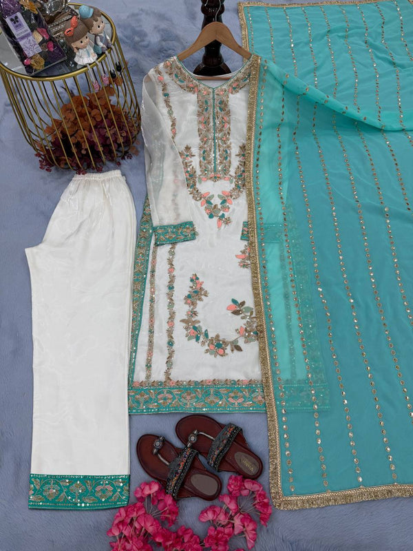 White Pure Silk Heavy Embroidered Kurta Palazzo Set with 5 mm Sequins, Rivet Moti Work & Fancy Lace Dupatta – Fully Stitched Designer Wear ClothsVilla