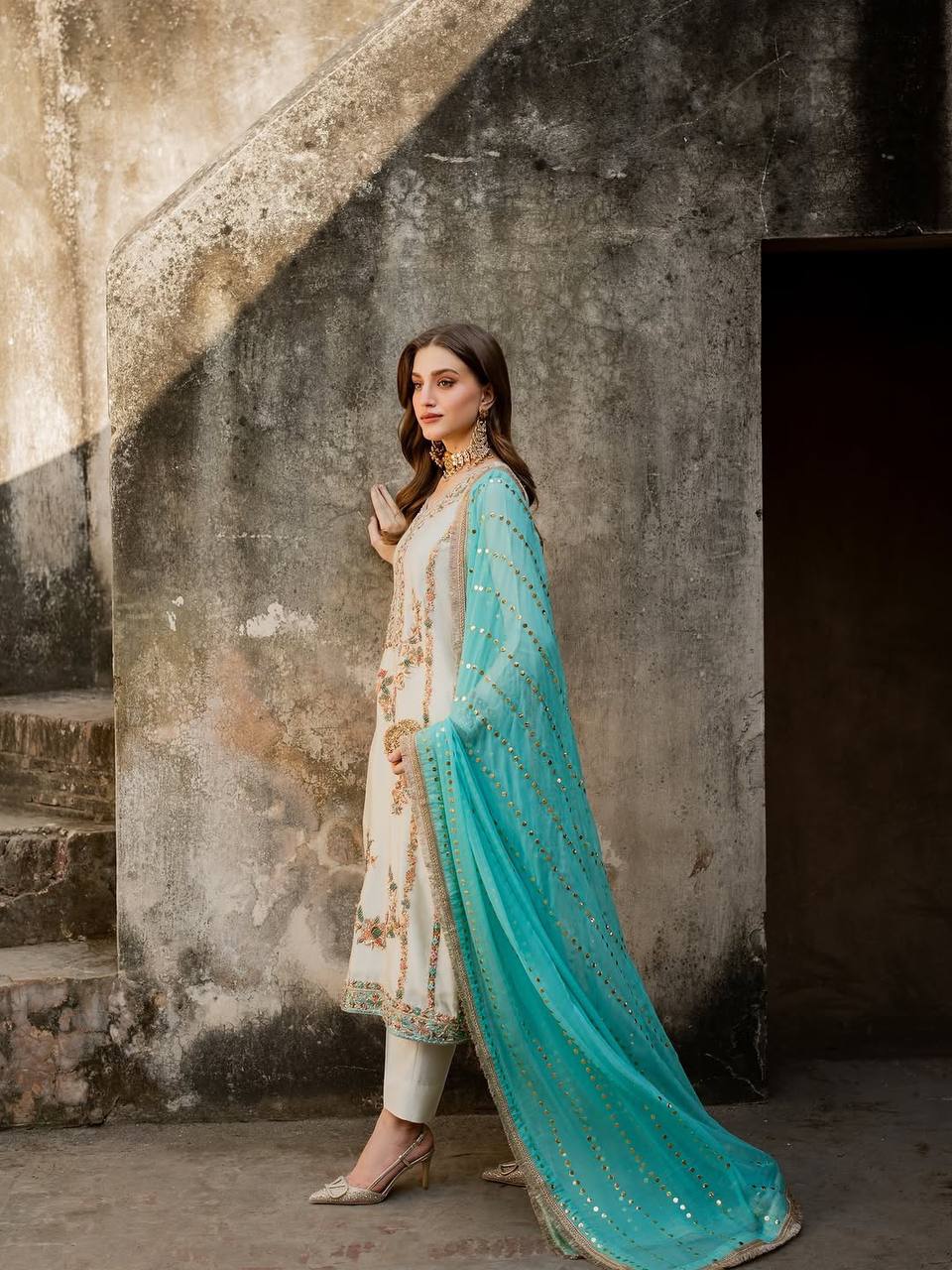 White Pure Silk Heavy Embroidered Kurta Palazzo Set with 5 mm Sequins, Rivet Moti Work & Fancy Lace Dupatta – Fully Stitched Designer Wear ClothsVilla